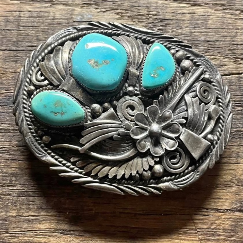 Vintage Ahasteen Silver and Turquoise Belt Buckle